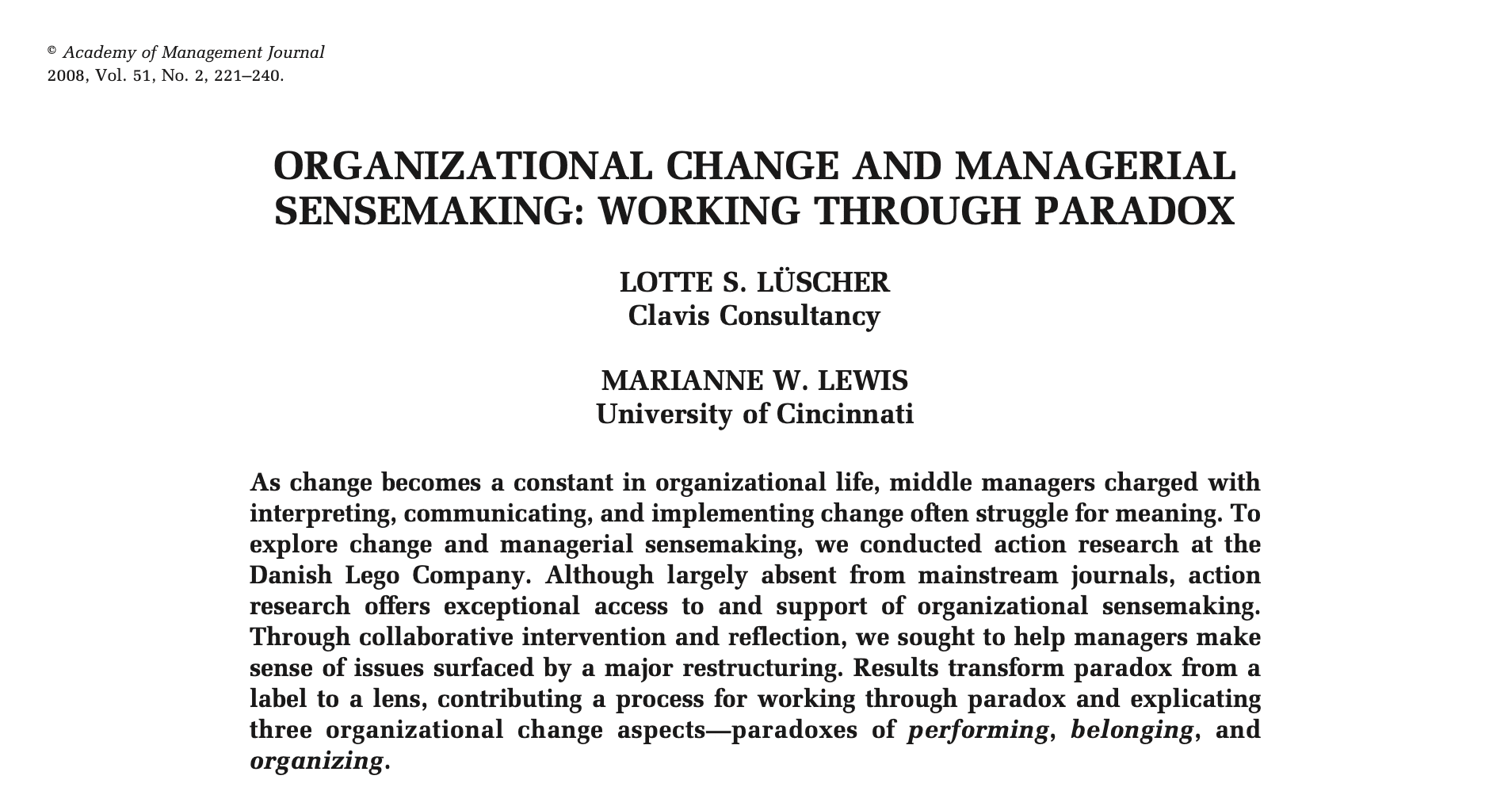 Organizational change and managerial sensemaking